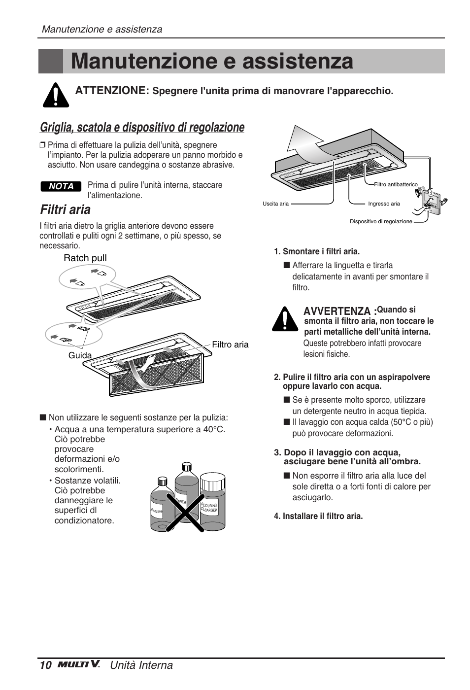 Manutenzione e assistenza, Filtri aria, Griglia, scatola e dispositivo di regolazione | 10 unità interna, Avvertenza, Attenzione | LG ARNU07GTJC2 User Manual | Page 22 / 205