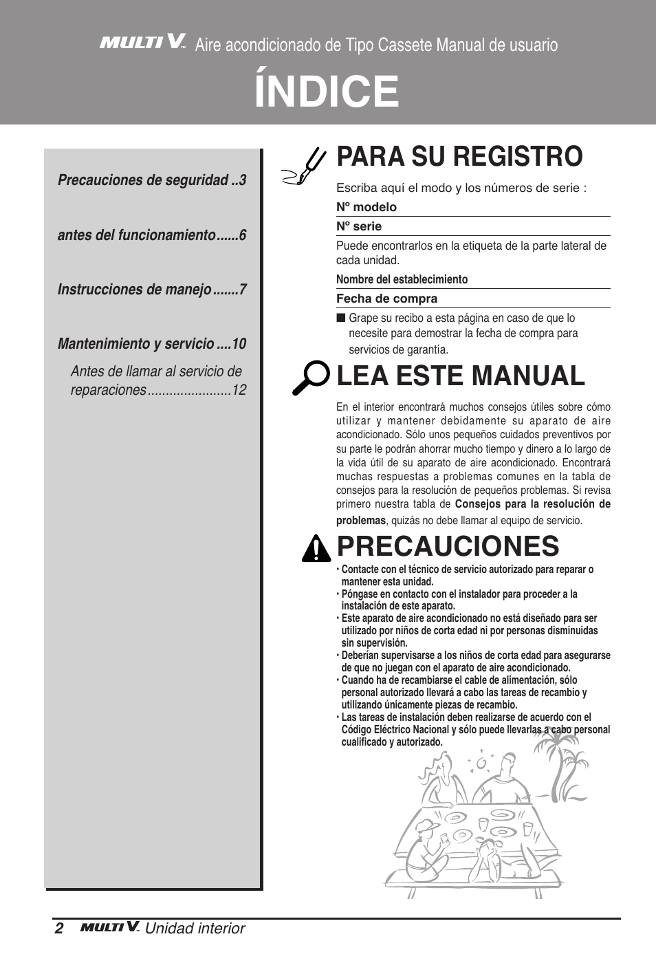 Índice, Para su registro, Lea este manual | Precauciones | LG ARNU07GTJC2 User Manual | Page 26 / 205