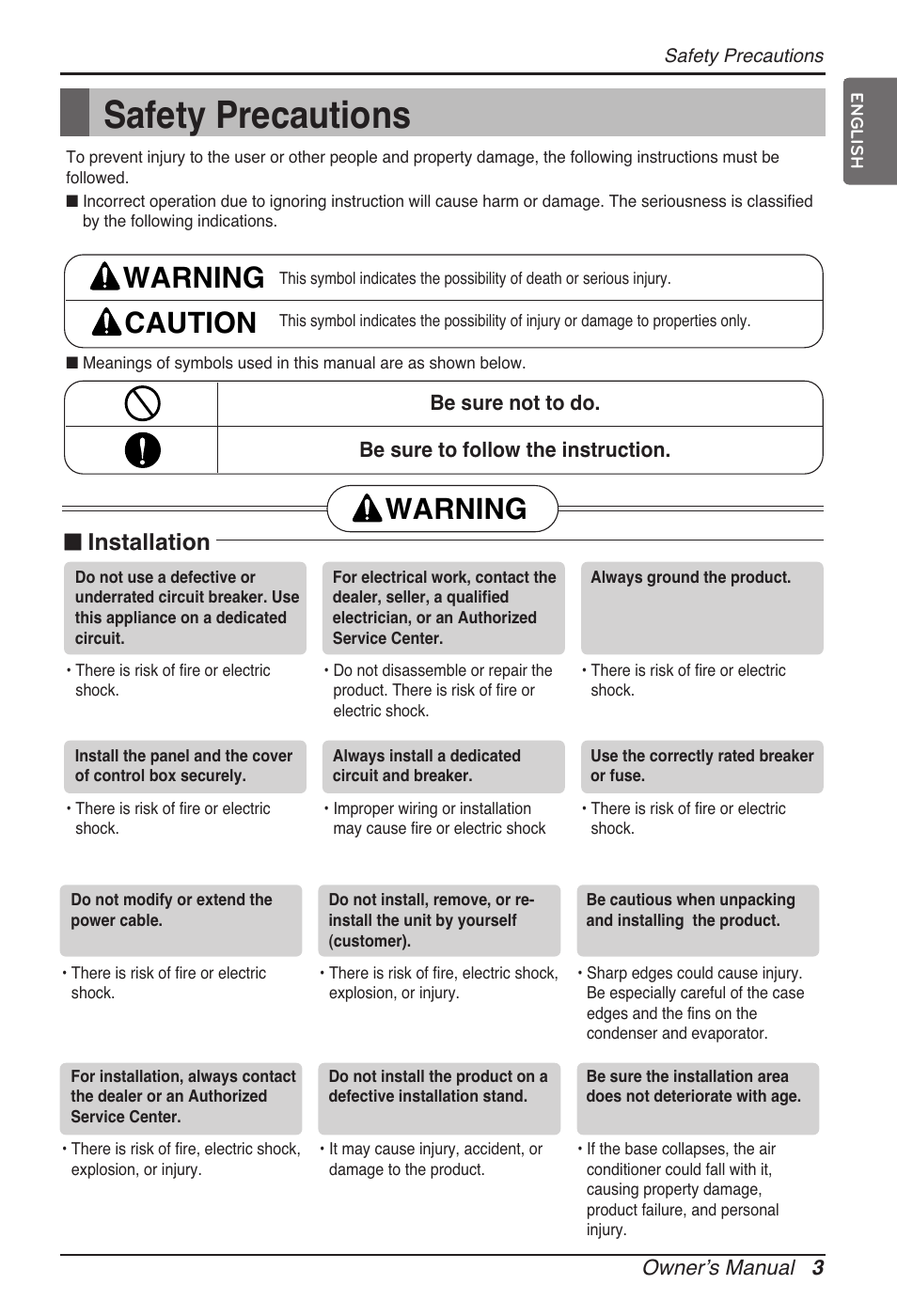 Safety precautions, Warning caution, Warning | N installation | LG ARNU07GTJC2 User Manual | Page 3 / 205