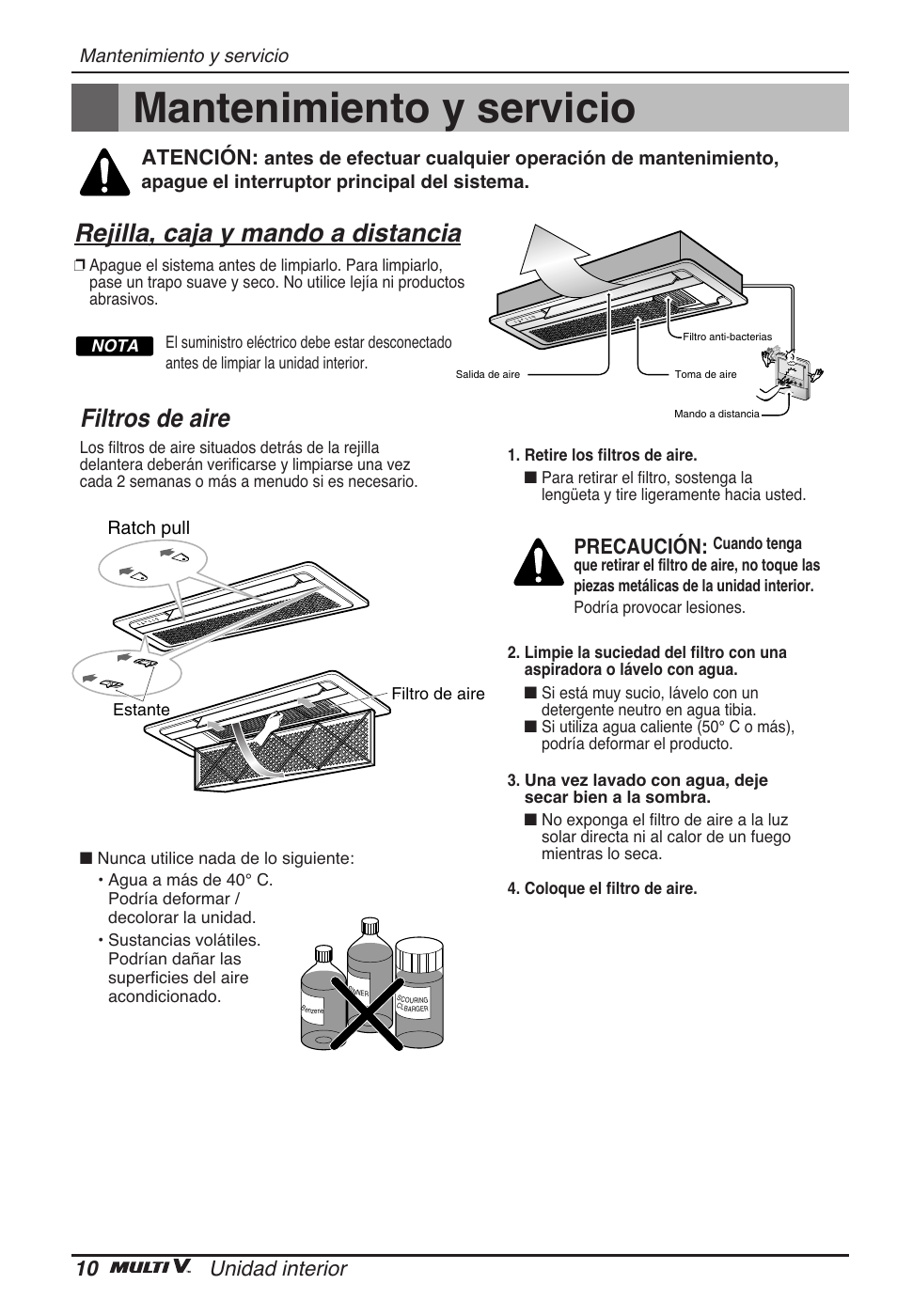 Mantenimiento y servicio, Filtros de aire, Rejilla, caja y mando a distancia | 10 unidad interior, Precaución, Atención | LG ARNU07GTJC2 User Manual | Page 34 / 205