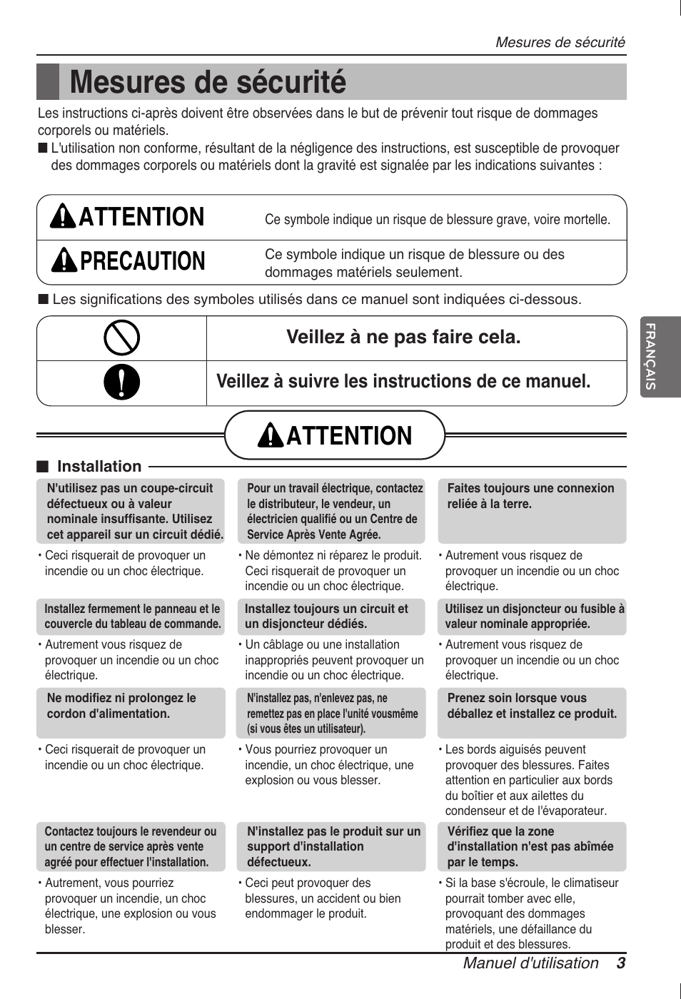 Mesures de sécurité, Attention precaution, Attention | LG ARNU07GTJC2 User Manual | Page 39 / 205