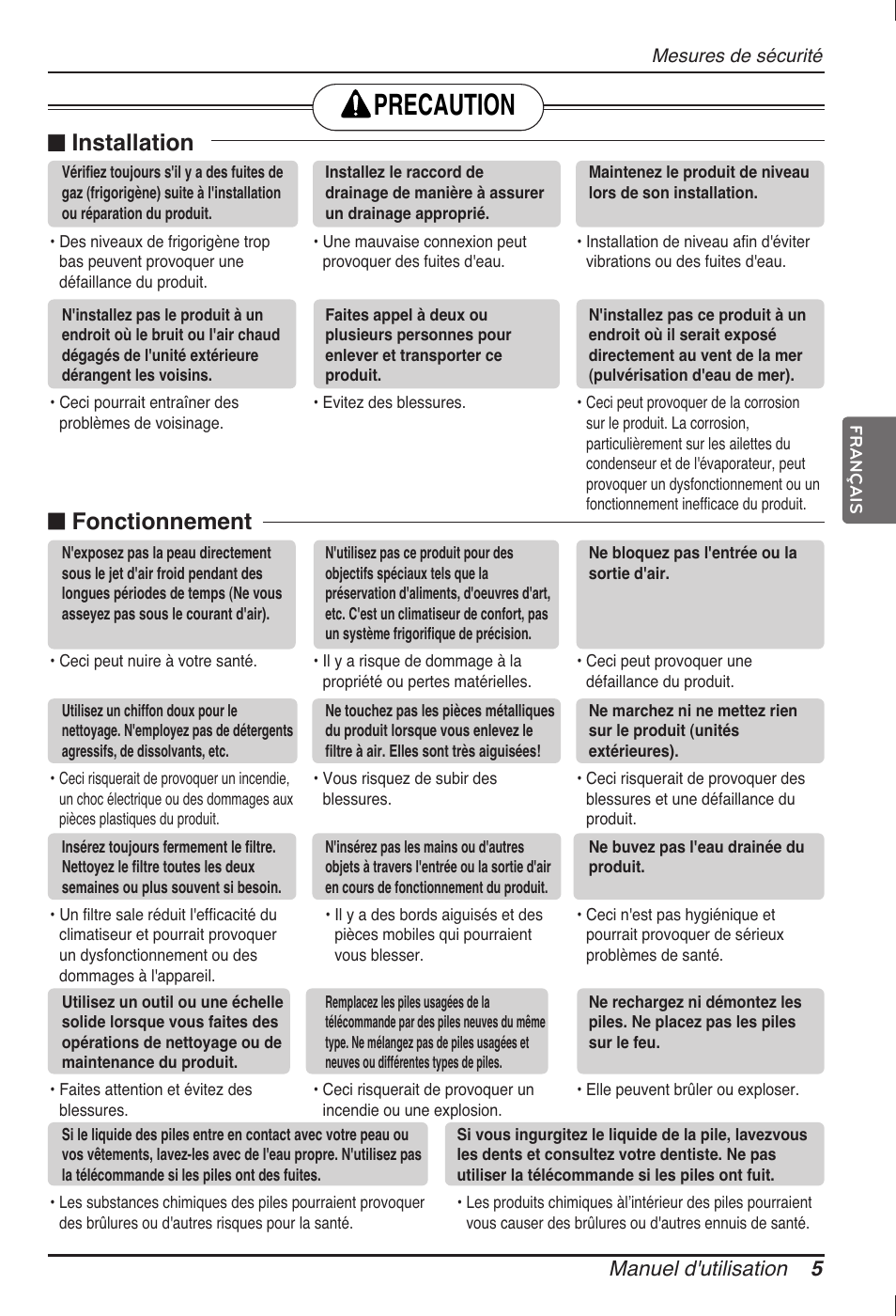 Precaution, N installation, N fonctionnement | Manuel d'utilisation 5 | LG ARNU07GTJC2 User Manual | Page 41 / 205