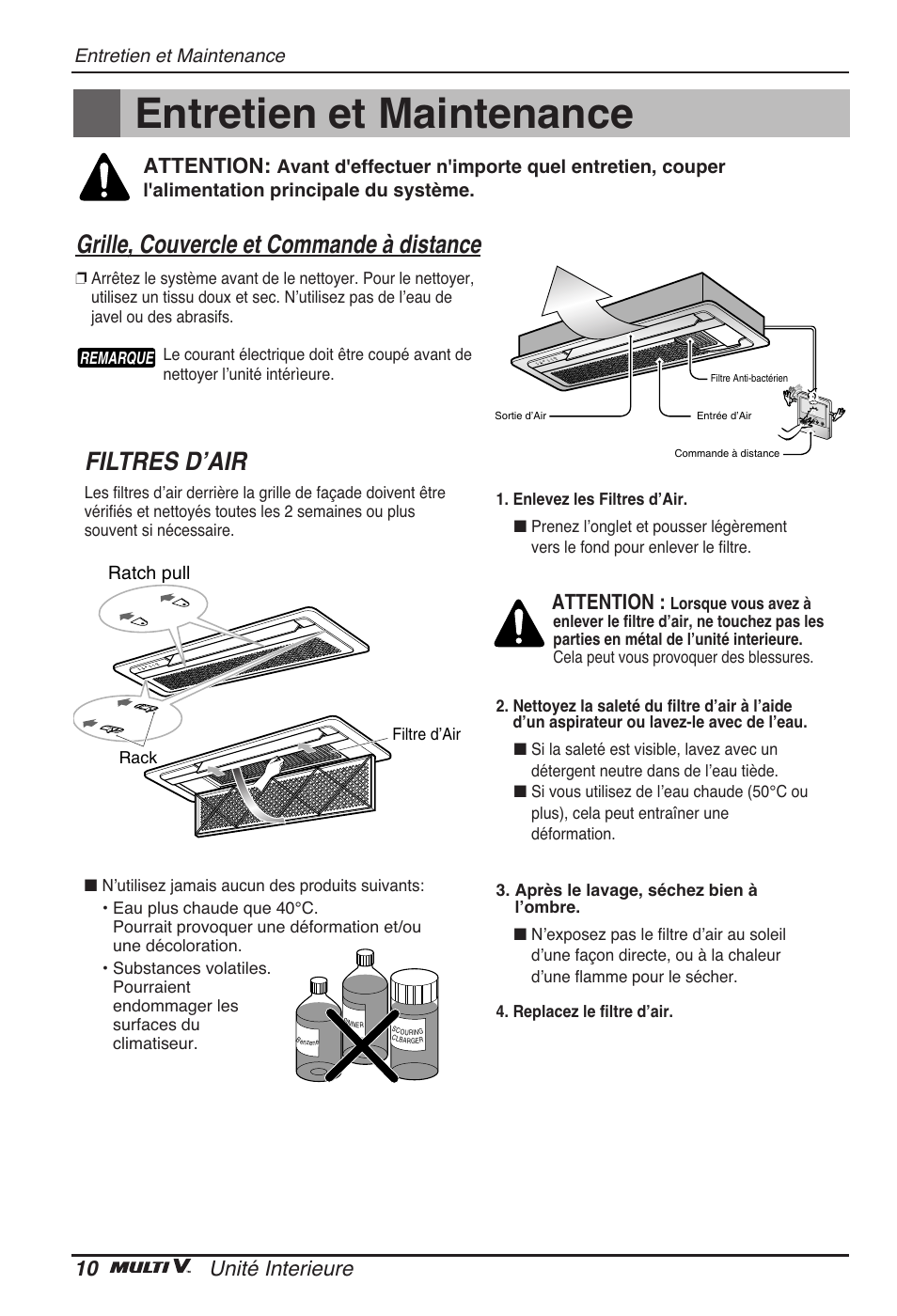 Entretien et maintenance, Filtres dʼair, Grille, couvercle et commande à distance | 10 unité interieure, Attention | LG ARNU07GTJC2 User Manual | Page 46 / 205