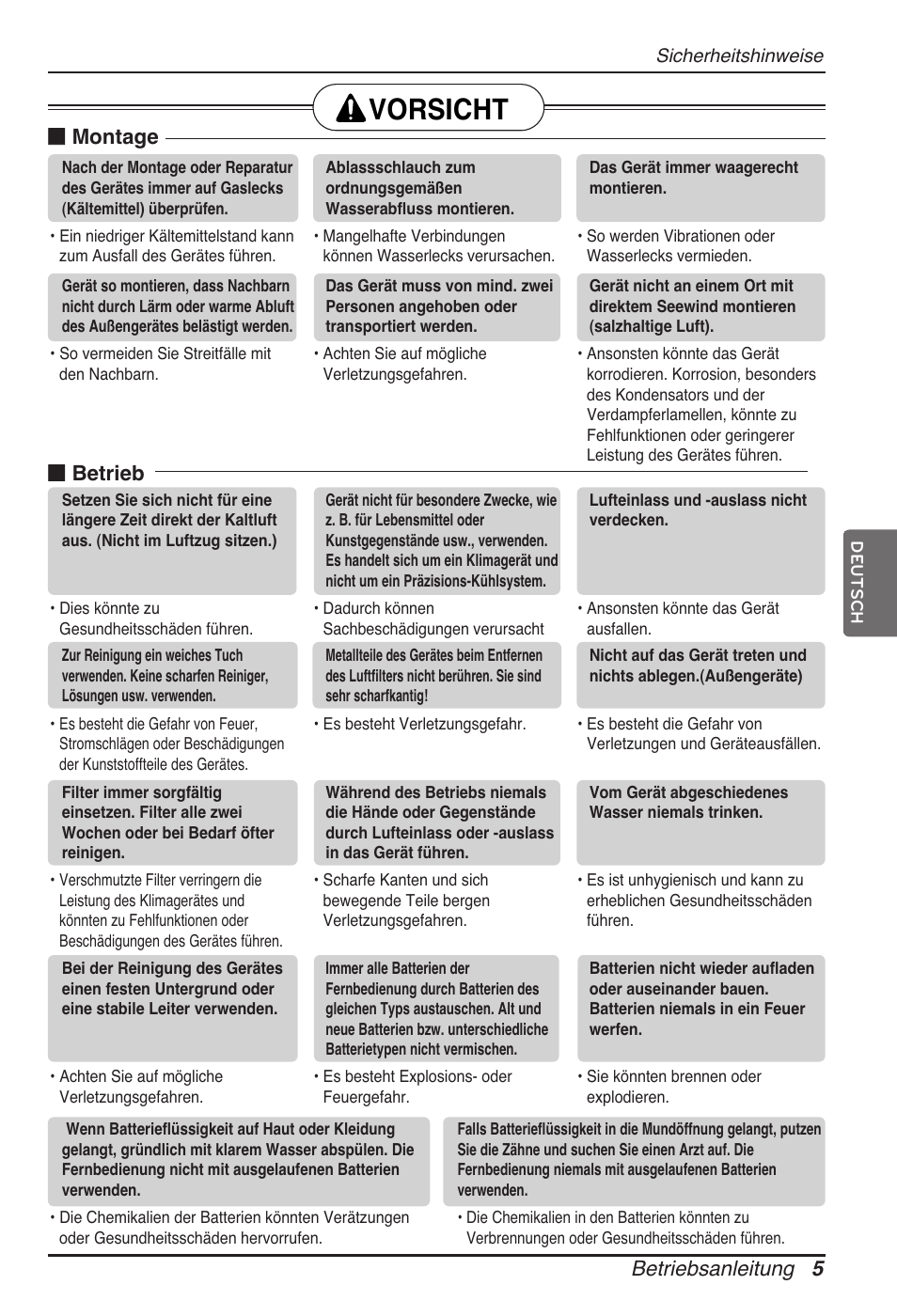 Vorsicht, Betriebsanleitung 5, Montage | Betrieb | LG ARNU07GTJC2 User Manual | Page 53 / 205