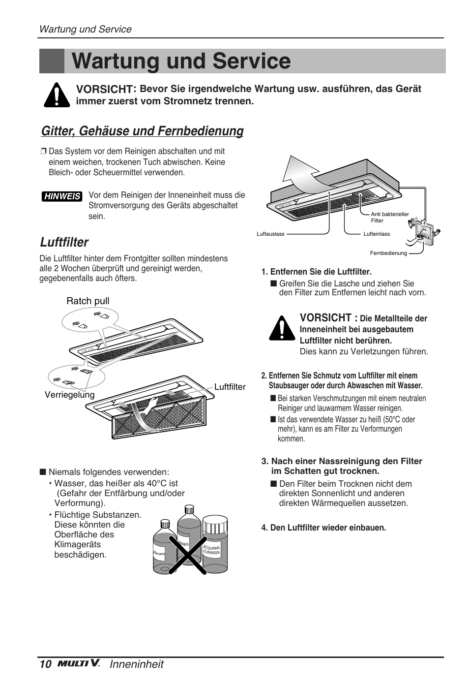 Wartung und service, Luftfilter, Gitter, gehäuse und fernbedienung | 10 inneninheit, Vorsicht | LG ARNU07GTJC2 User Manual | Page 58 / 205