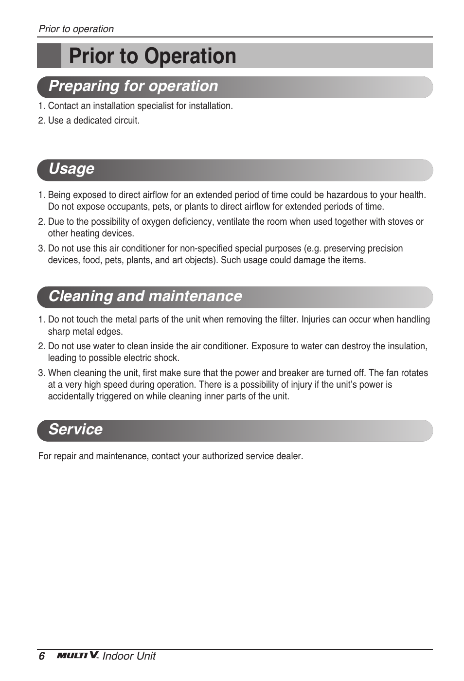 Prior to operation | LG ARNU07GTJC2 User Manual | Page 6 / 205