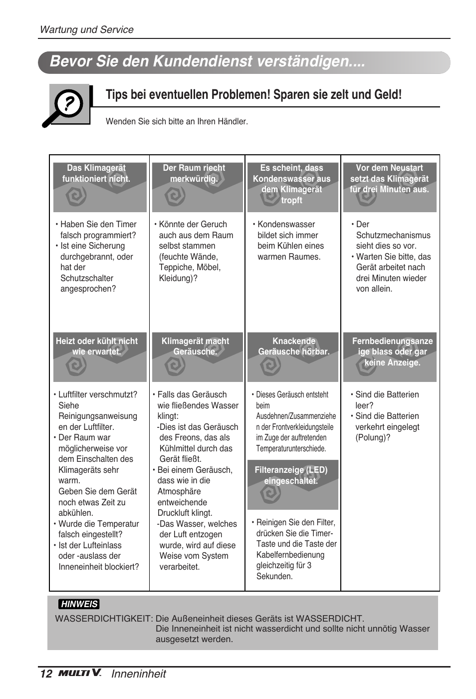 Bevor sie den kundendienst verständigen, 12 inneninheit | LG ARNU07GTJC2 User Manual | Page 60 / 205