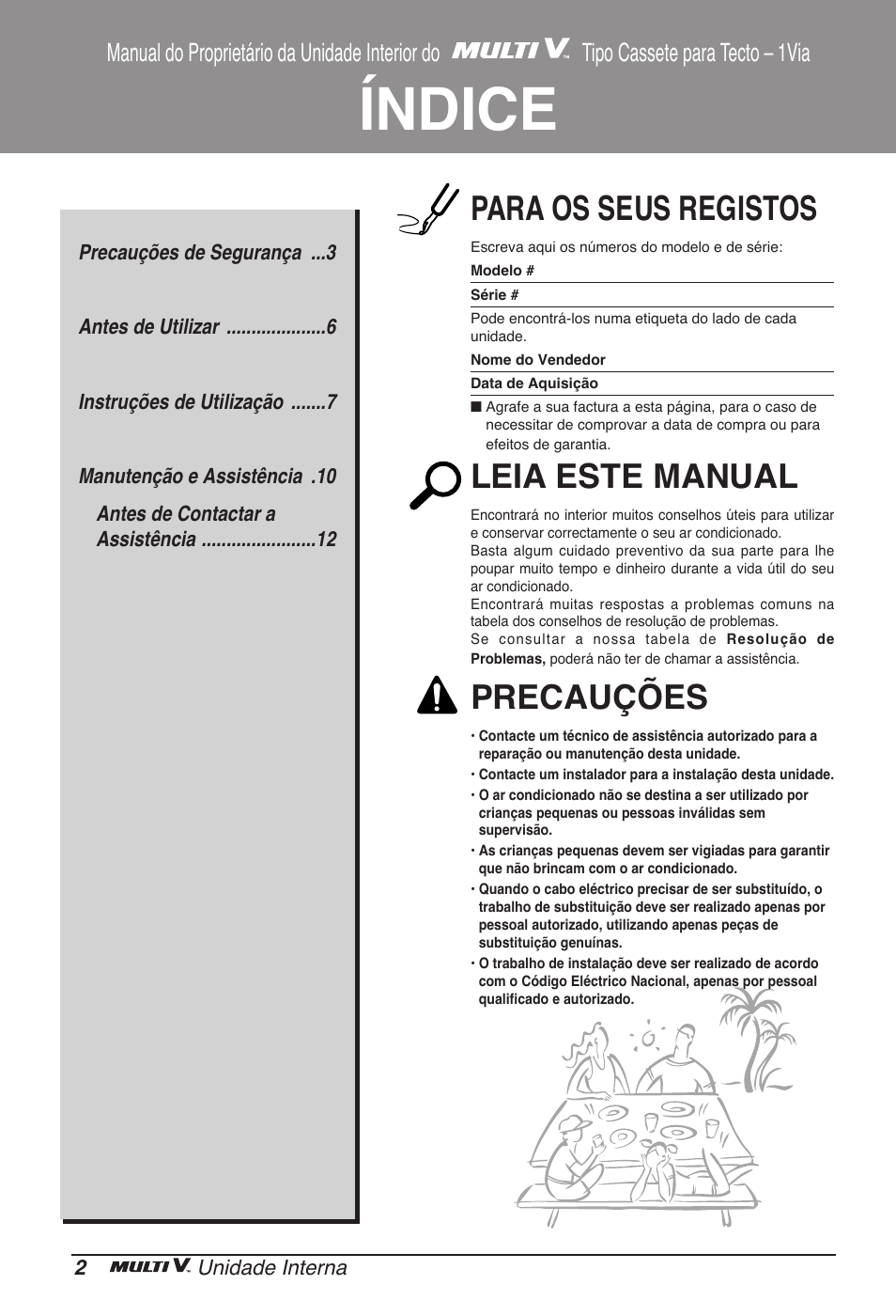 Índice, Para os seus registos, Leia este manual | Precauções | LG ARNU07GTJC2 User Manual | Page 74 / 205