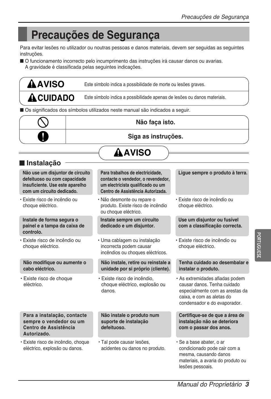 Precauções de segurança, Aviso cuidado, Aviso | N instalação | LG ARNU07GTJC2 User Manual | Page 75 / 205