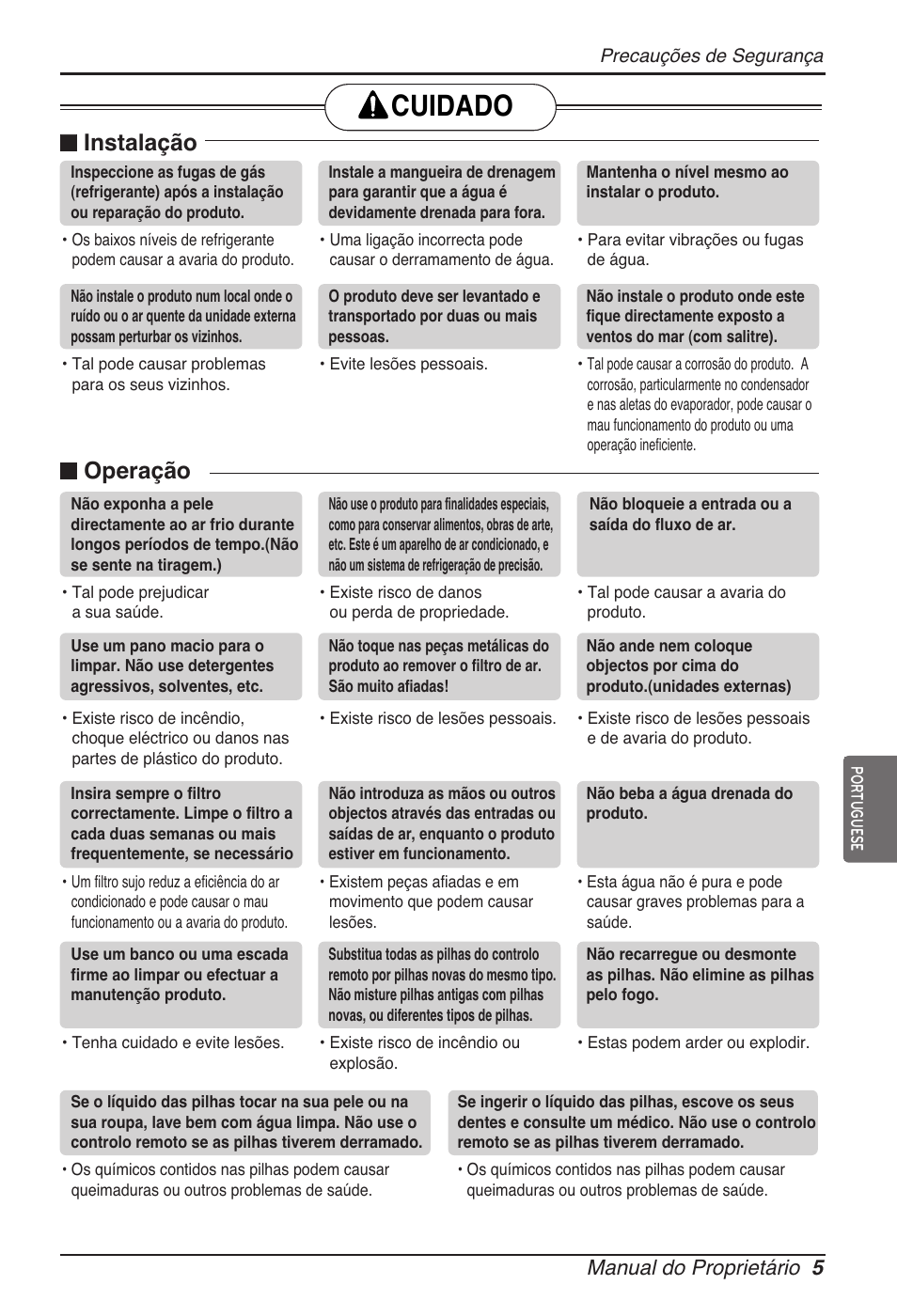 Cuidado, N instalação, N operação | Manual do proprietário 5 | LG ARNU07GTJC2 User Manual | Page 77 / 205