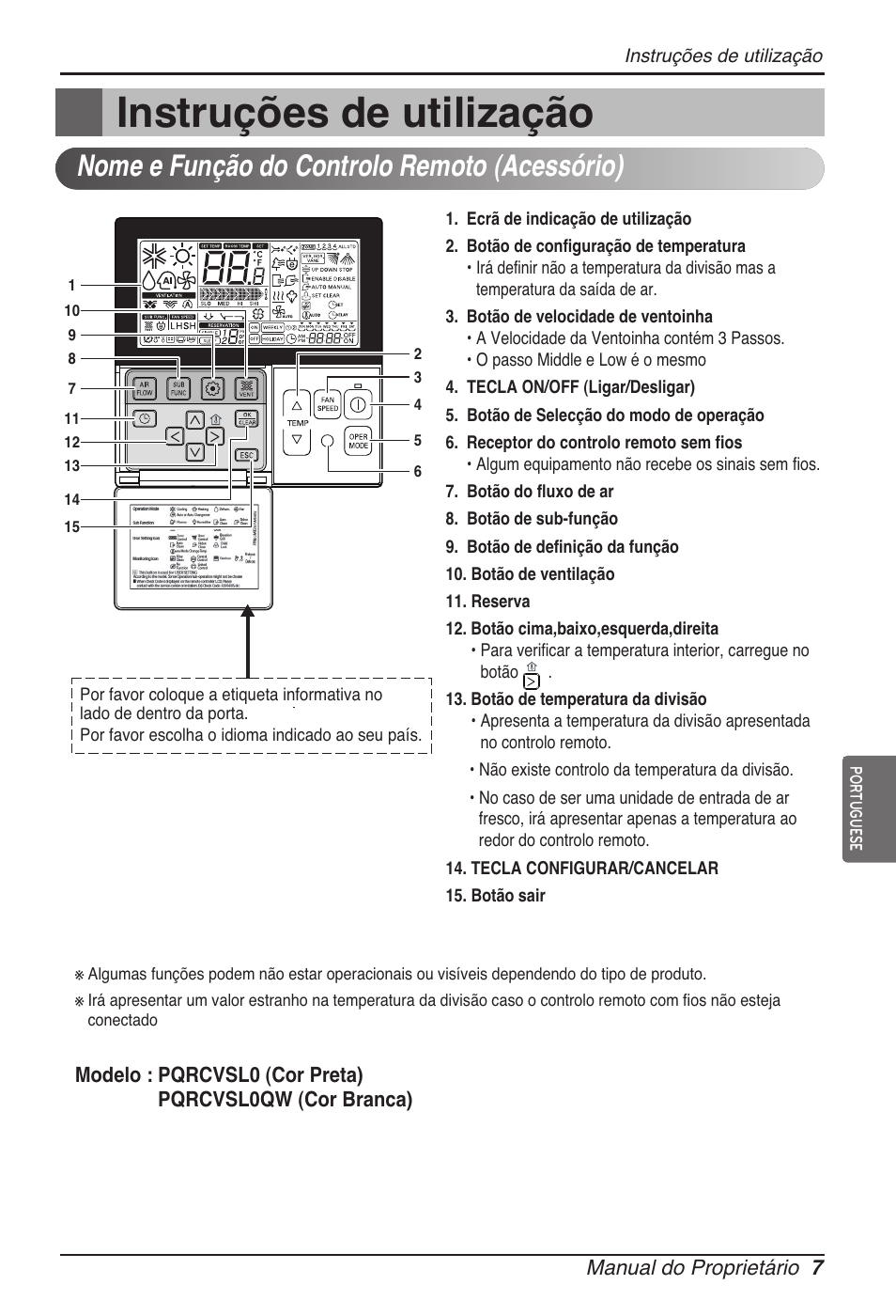 Instruções de utilização, Nome e função do controlo remoto (acessório) | LG ARNU07GTJC2 User Manual | Page 79 / 205