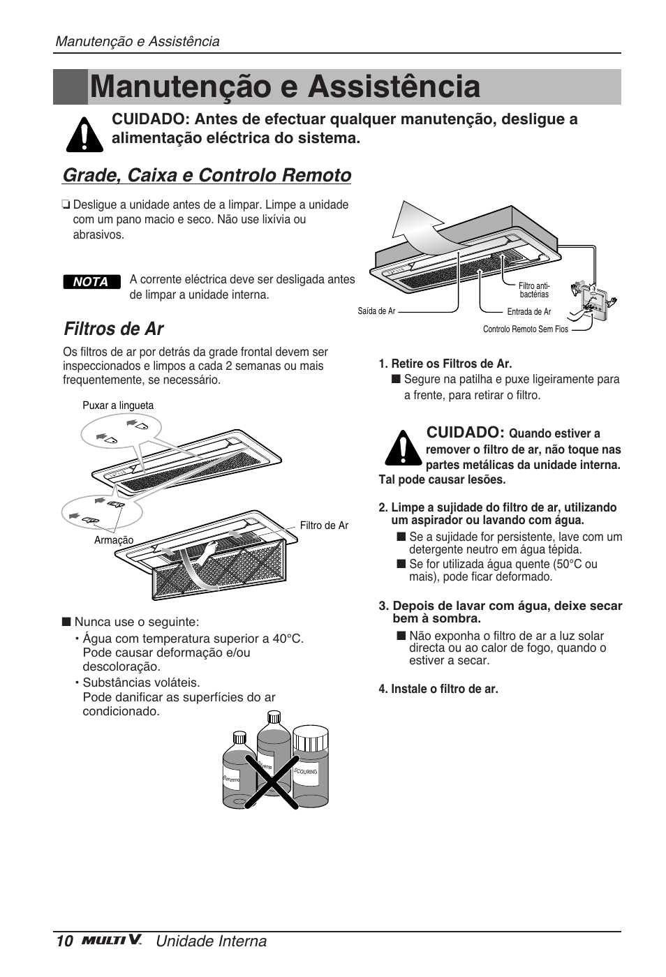 Manutenção e assistência, Grade, caixa e controlo remoto, Filtros de ar | 10 unidade interna, Cuidado | LG ARNU07GTJC2 User Manual | Page 82 / 205