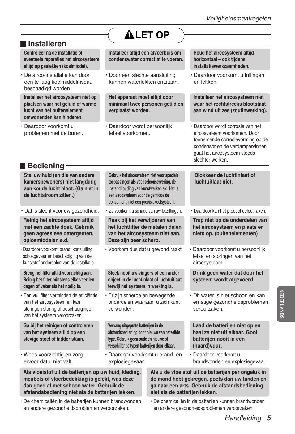 Let op, N installeren, N bediening | Handleiding 5 | LG ARNU07GTJC2 User Manual | Page 89 / 205