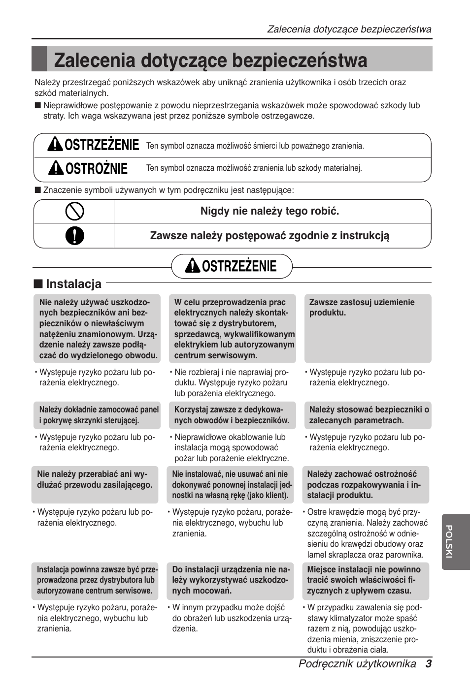 Zalecenia dotyczące bezpieczeństwa, N instalacja, Podręcznik użytkownika 3 | LG ARNU07GTJC2 User Manual | Page 99 / 205