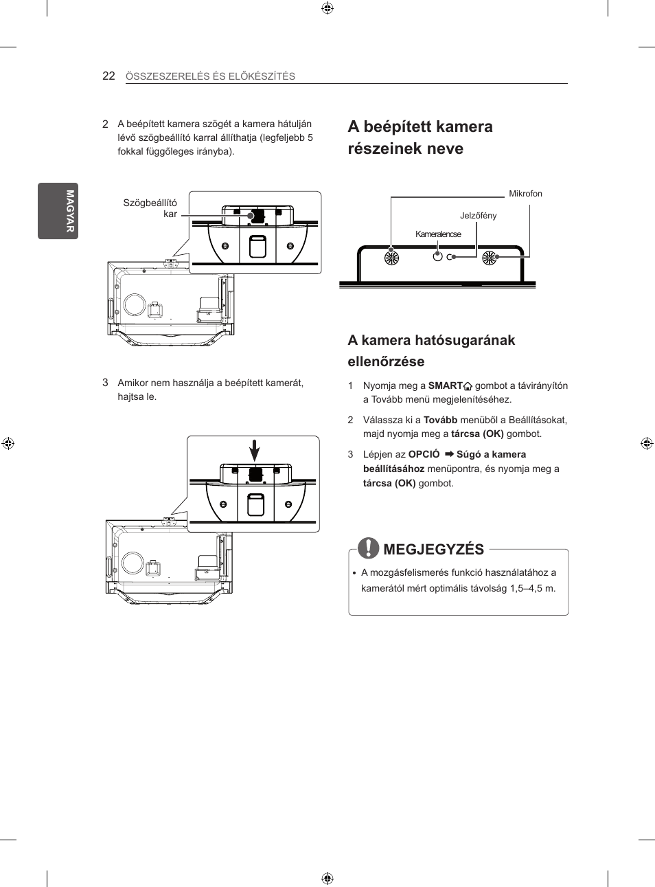 A beépített kamera részeinek neve, Megjegyzés, A kamera hatósugarának ellenőrzése | LG 60LA860V User Manual | Page 113 / 519