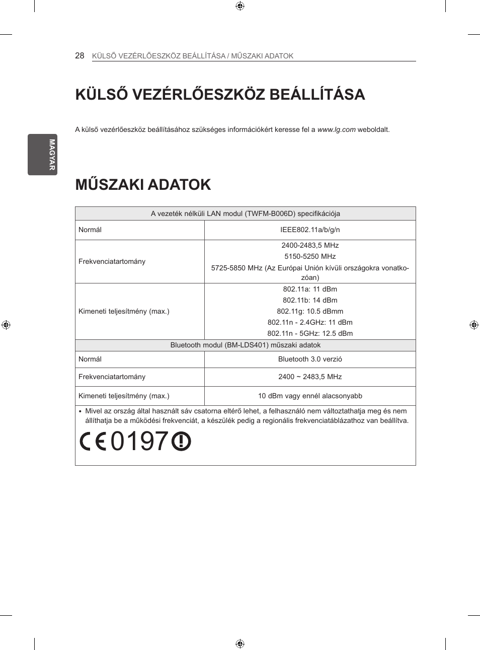 Műszaki adatok, Külső vezérlőeszköz beállítása | LG 60LA860V User Manual | Page 119 / 519