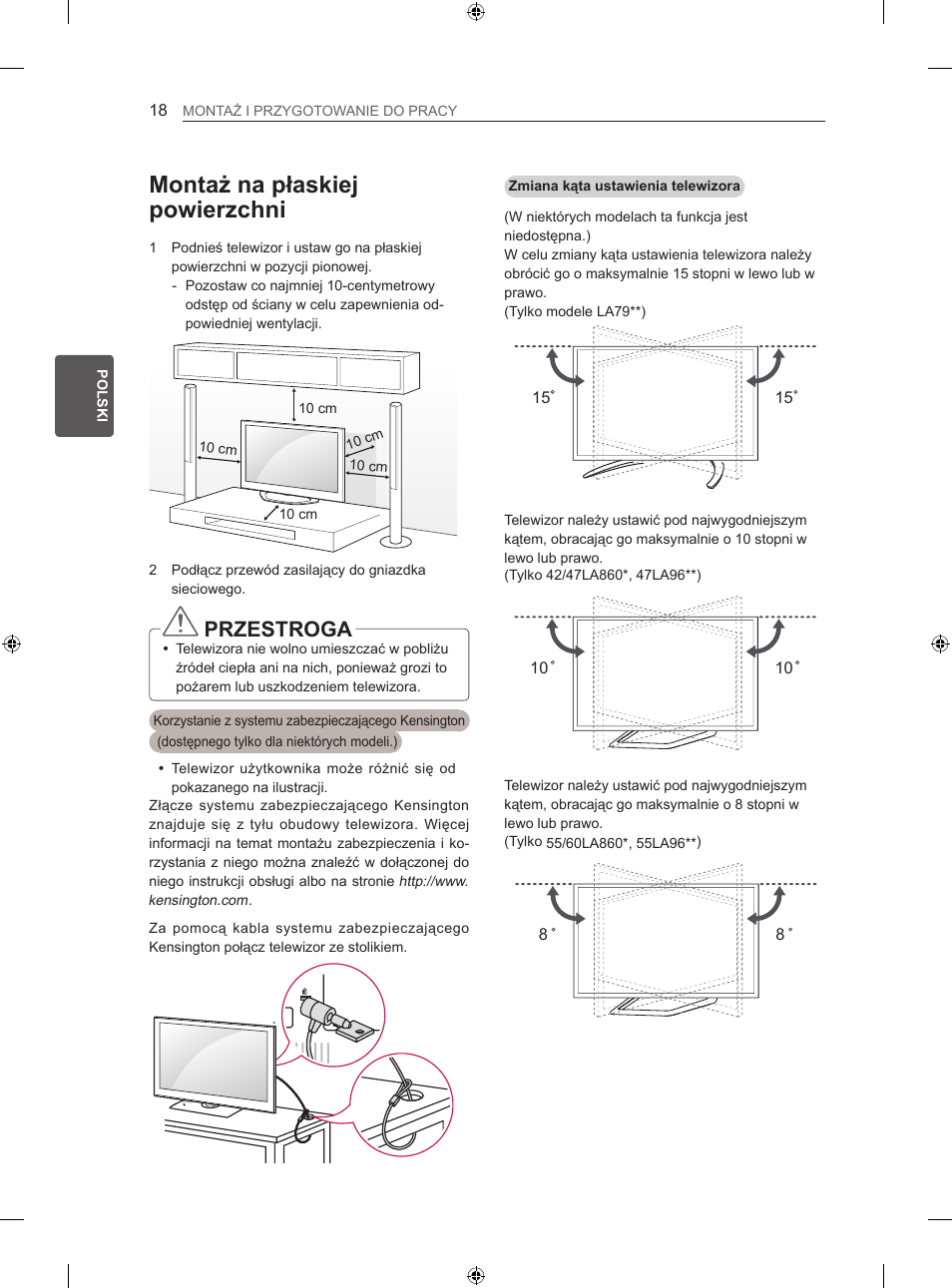 Montaż na płaskiej powierzchni, Przestroga | LG 60LA860V User Manual | Page 137 / 519