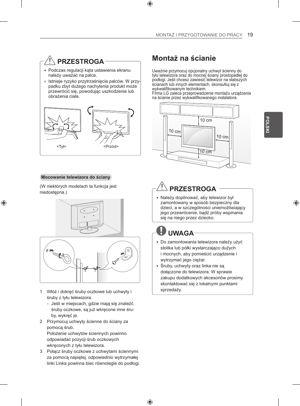 Montaż na ścianie, Przestroga, Uwaga | LG 60LA860V User Manual | Page 138 / 519