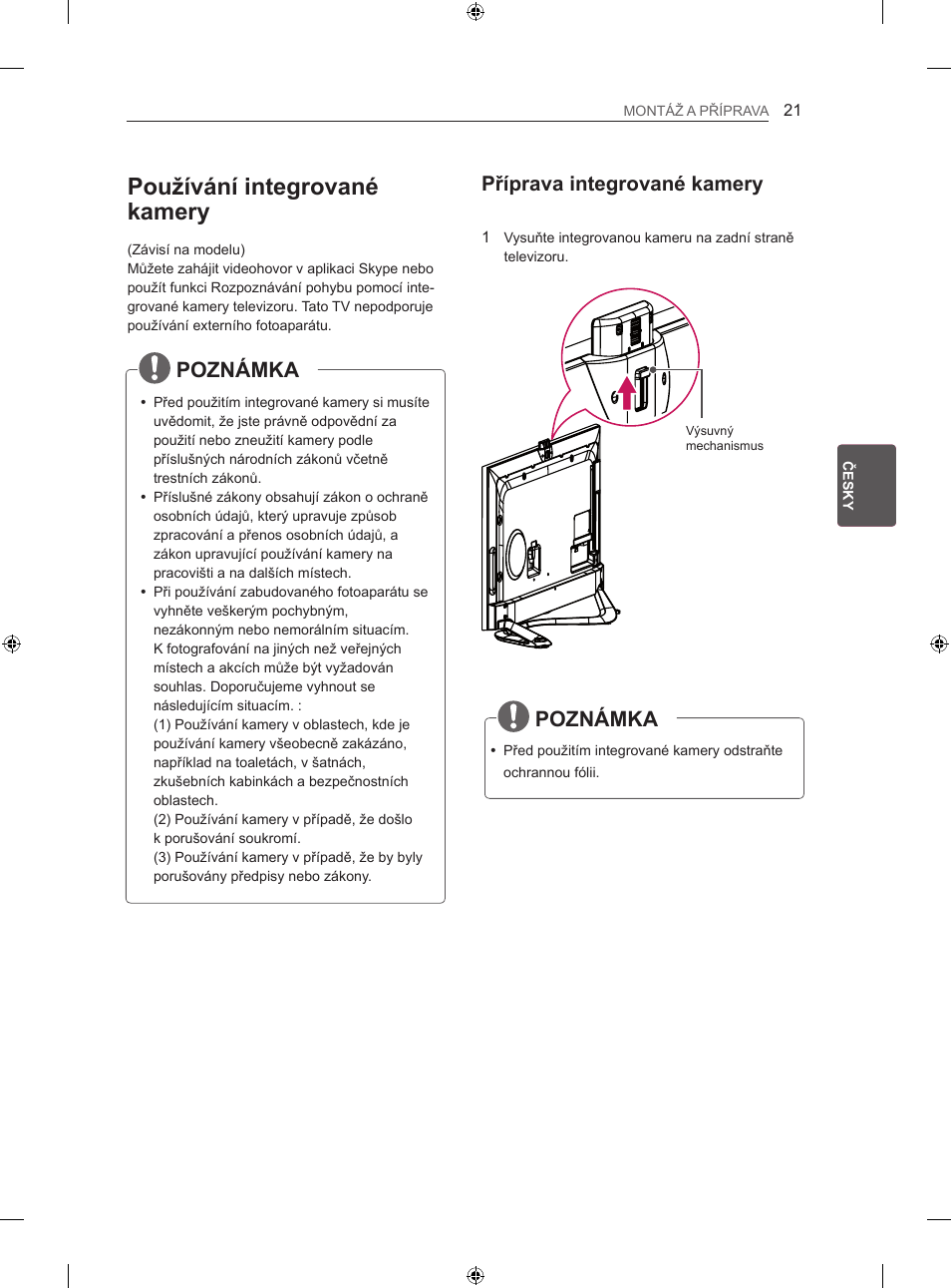 Používání integrované kamery, Poznámka, Příprava integrované kamery | LG 60LA860V User Manual | Page 168 / 519