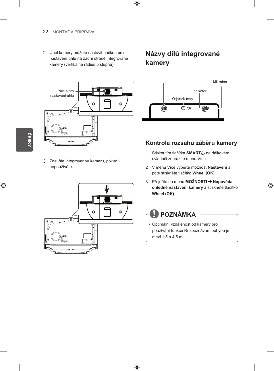 Názvy dílů integrované kamery, Poznámka, Kontrola rozsahu záběru kamery | LG 60LA860V User Manual | Page 169 / 519