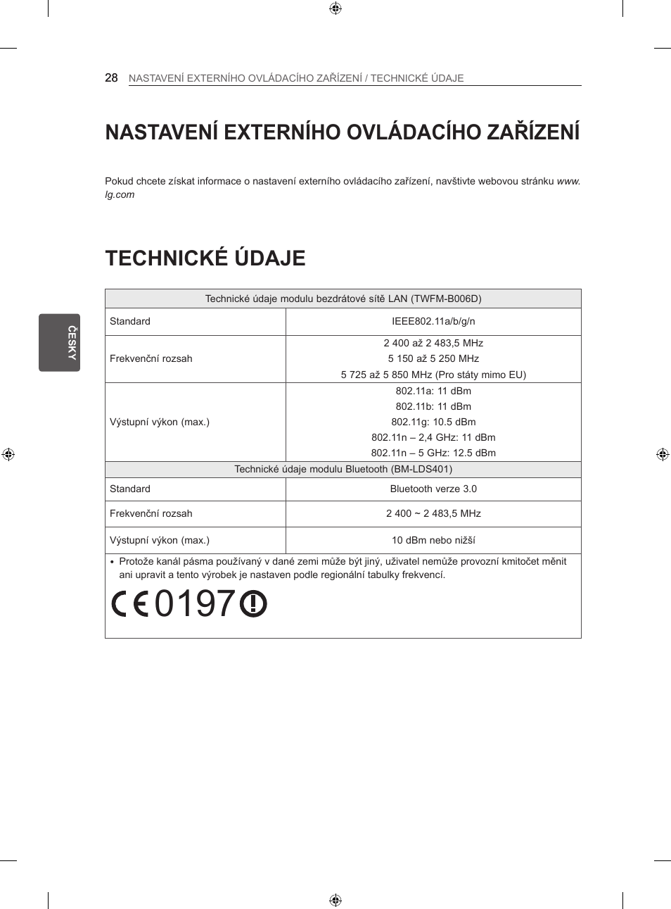 Technické údaje, Nastavení externího ovládacího zařízení | LG 60LA860V User Manual | Page 175 / 519