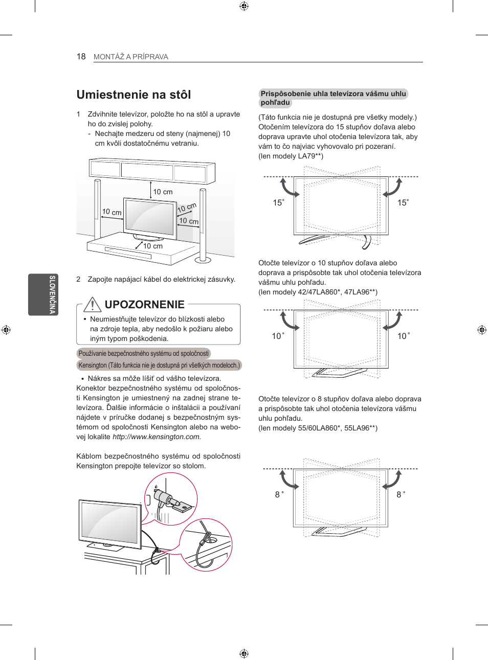 Umiestnenie na stôl, Upozornenie | LG 60LA860V User Manual | Page 193 / 519