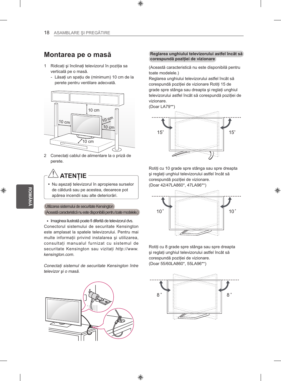 Montarea pe o masă, Atenţie | LG 60LA860V User Manual | Page 221 / 519