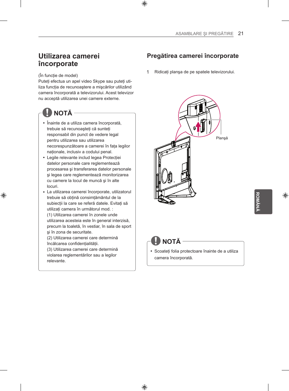 Utilizarea camerei încorporate, Notă, Pregătirea camerei încorporate | LG 60LA860V User Manual | Page 224 / 519