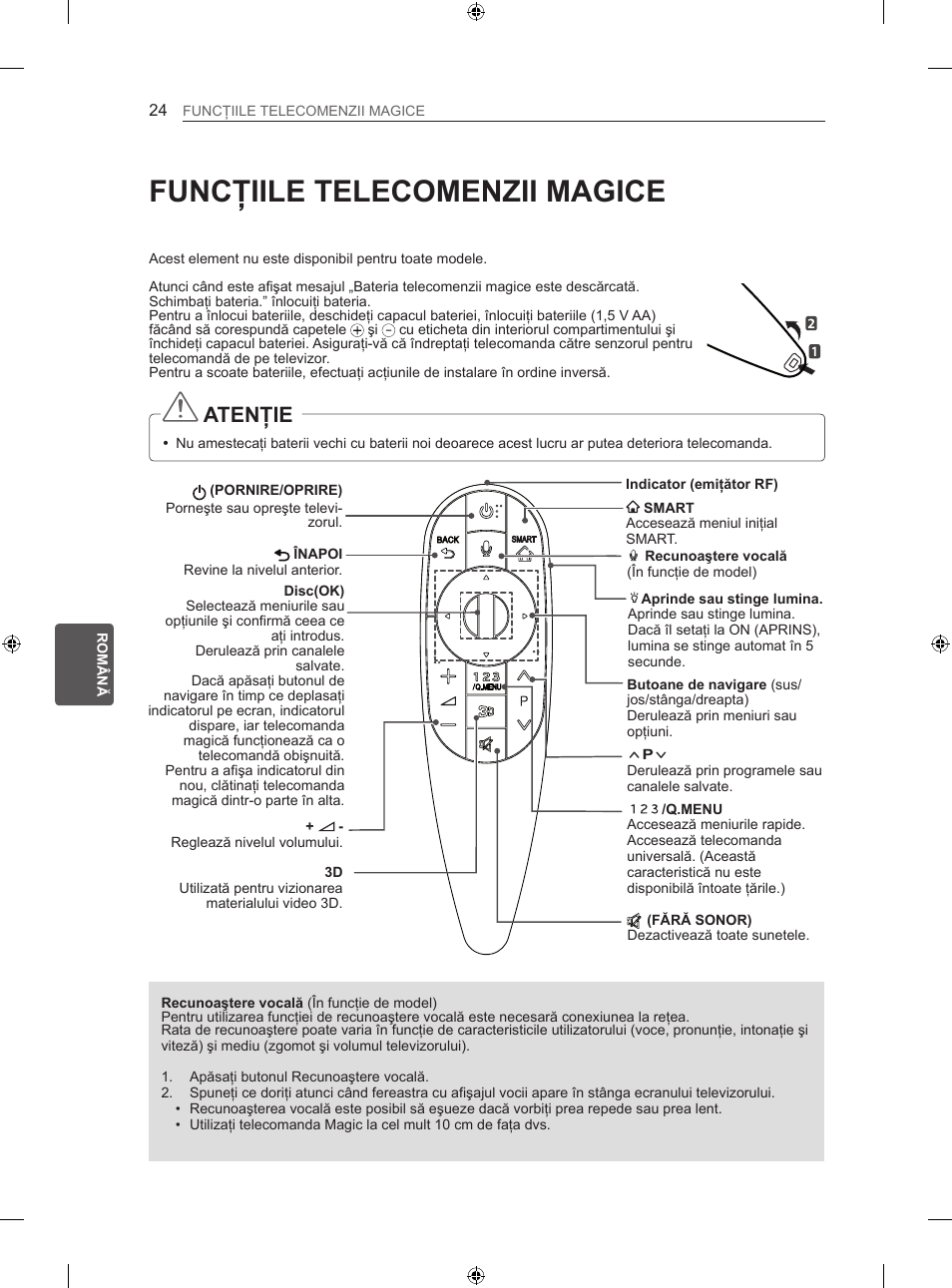 Funcţiile telecomenzii magice, Atenţie | LG 60LA860V User Manual | Page 227 / 519