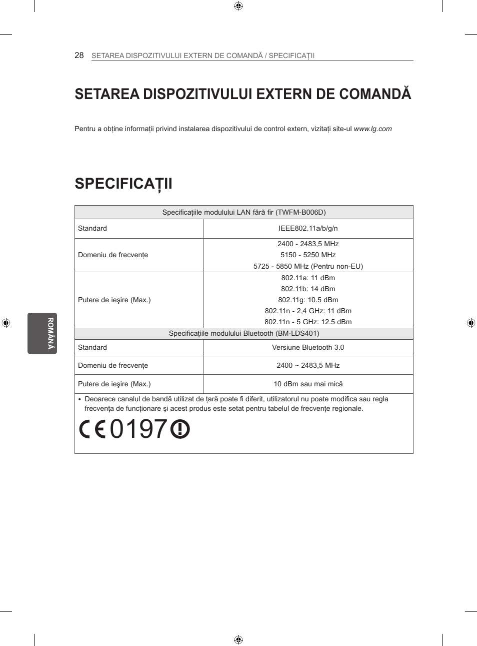 Specificaţii, Setarea dispozitivului extern de comandă | LG 60LA860V User Manual | Page 231 / 519