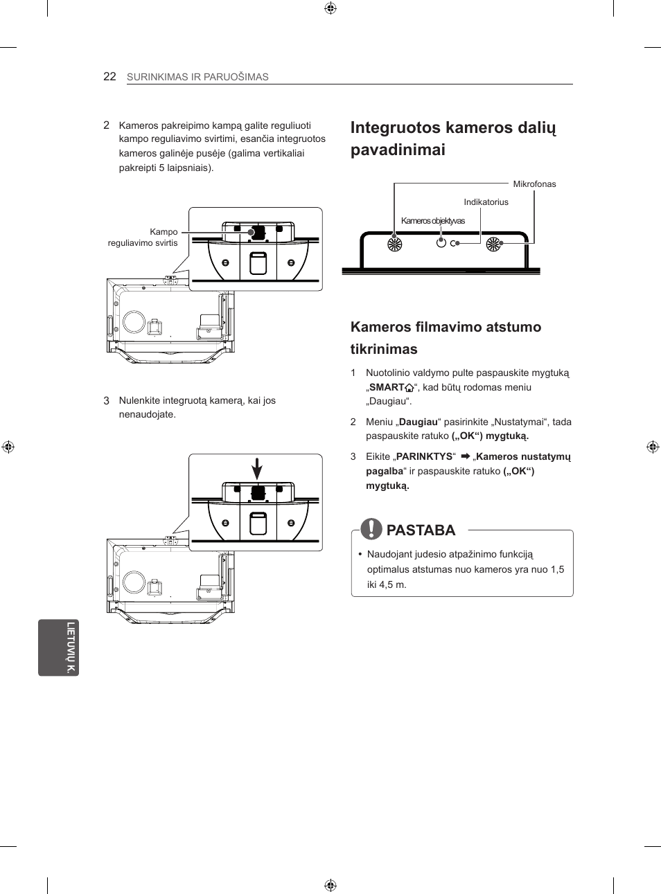 Integruotos kameros dalių pavadinimai, Pastaba, Kameros filmavimo atstumo tikrinimas | LG 60LA860V User Manual | Page 309 / 519