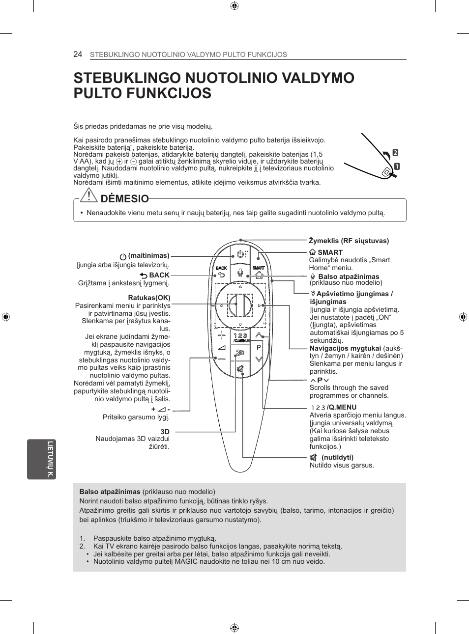 Stebuklingo nuotolinio valdymo pulto funkcijos, Dėmesio | LG 60LA860V User Manual | Page 311 / 519