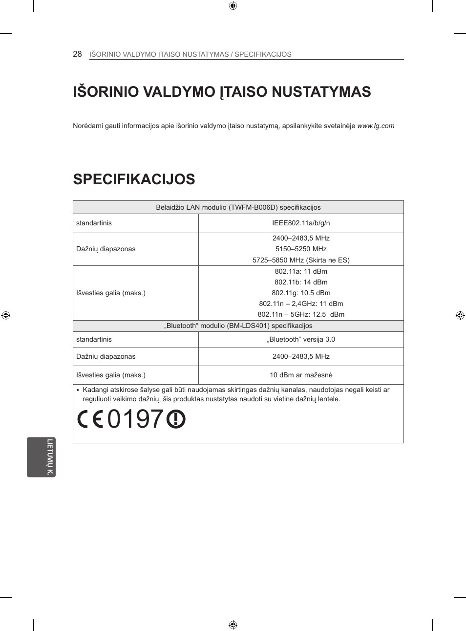 Specifikacijos, Išorinio valdymo įtaiso nustatymas | LG 60LA860V User Manual | Page 315 / 519