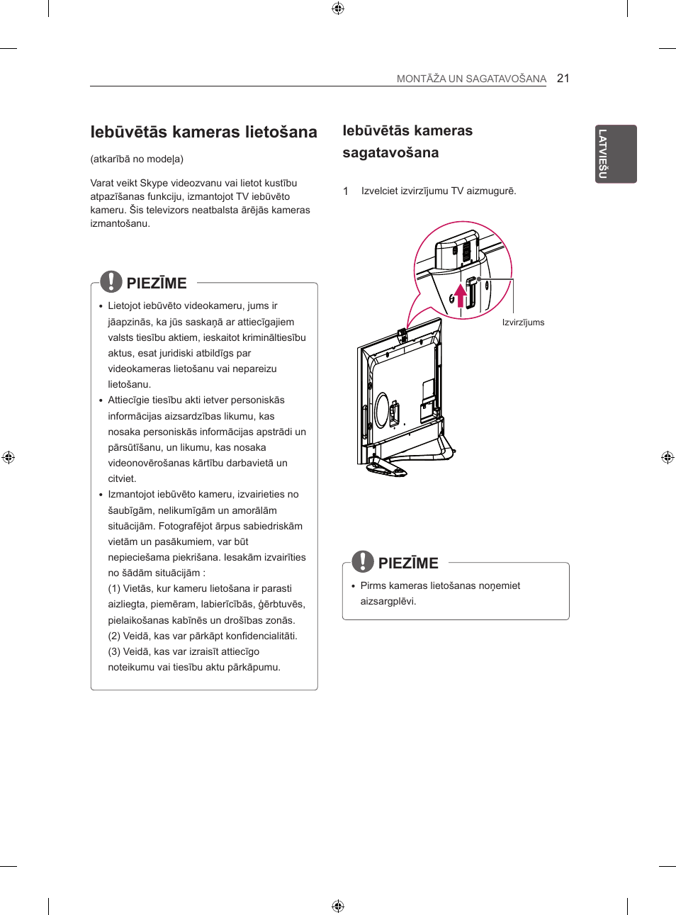 Iebūvētās kameras lietošana, Piezīme, Iebūvētās kameras sagatavošana | LG 60LA860V User Manual | Page 336 / 519