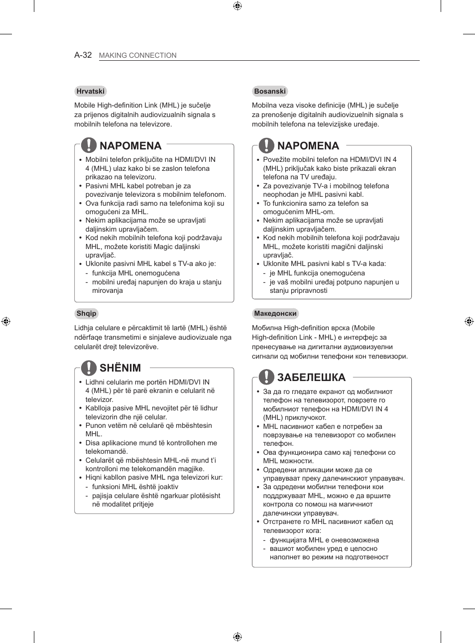 Napomena, Забелешка, Shënim | LG 60LA860V User Manual | Page 35 / 519