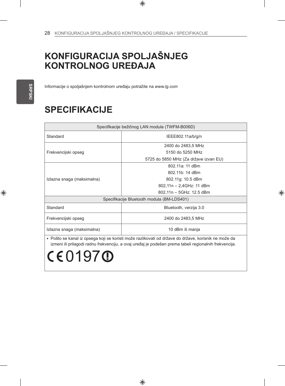 Specifikacije, Konfiguracija spoljašnjeg kontrolnog uređaja | LG 60LA860V User Manual | Page 371 / 519