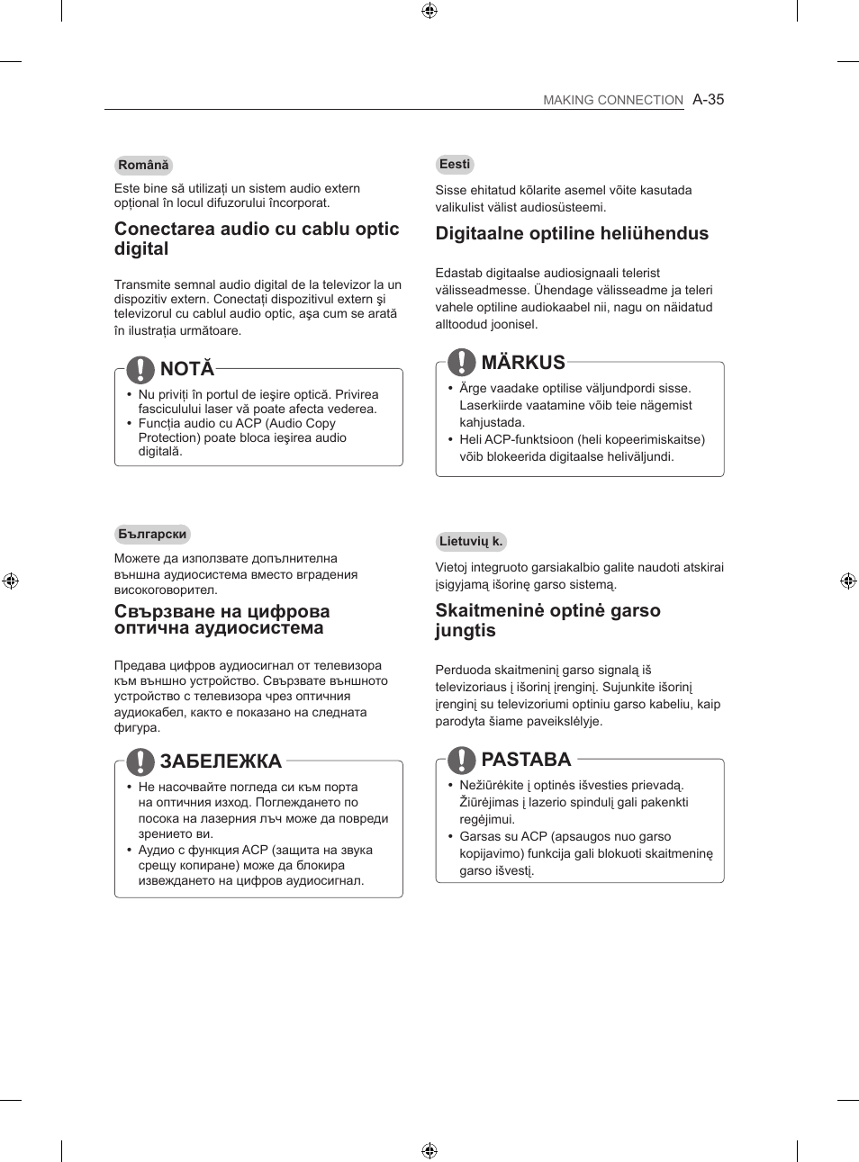 Notă, Забележка, Märkus | Pastaba, Conectarea audio cu cablu optic digital, Свързване на цифрова оптична аудиосистема, Digitaalne optiline heliühendus, Skaitmeninė optinė garso jungtis | LG 60LA860V User Manual | Page 38 / 519