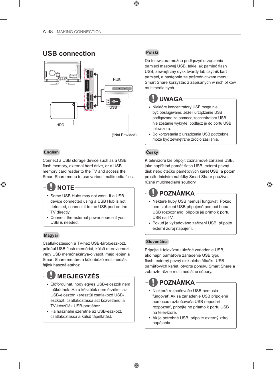 Usb connection, Uwaga, Poznámka | Megjegyzés, A-38 | LG 60LA860V User Manual | Page 41 / 519