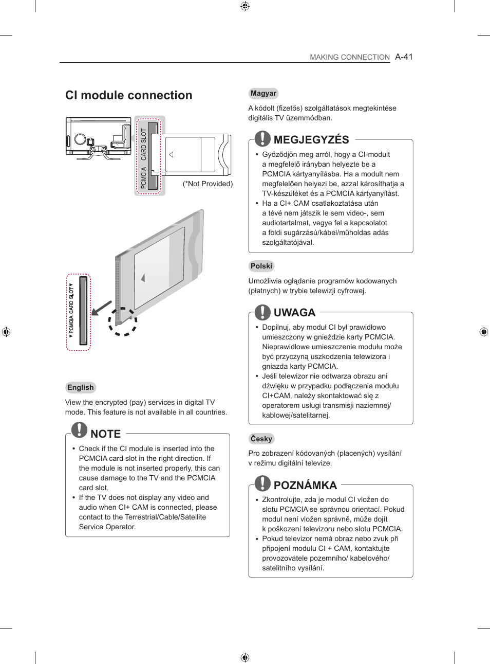 Ci module connection, Megjegyzés, Uwaga | Poznámka | LG 60LA860V User Manual | Page 44 / 519