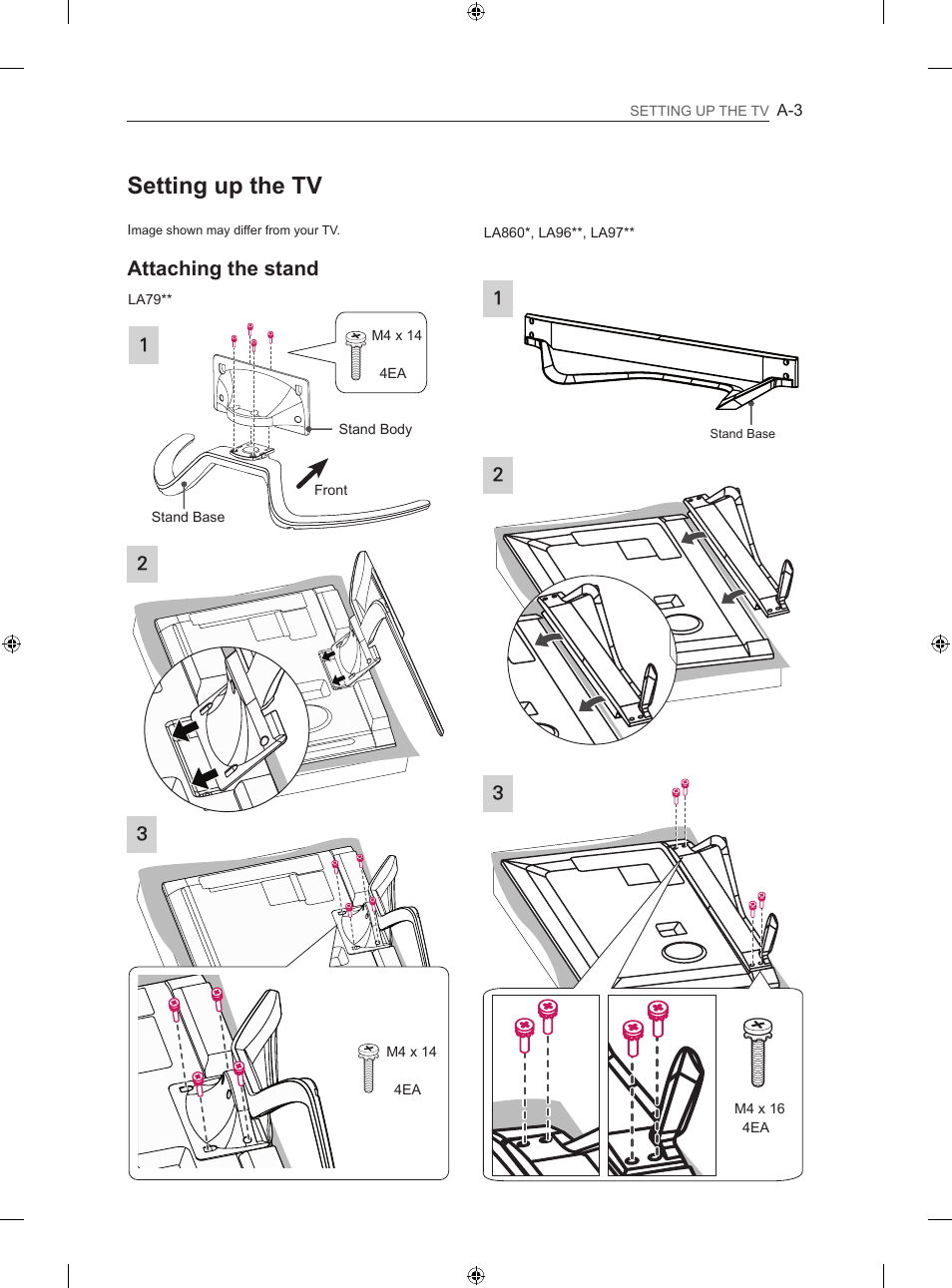 Setting up the tv, Attaching the stand | LG 60LA860V User Manual | Page 6 / 519