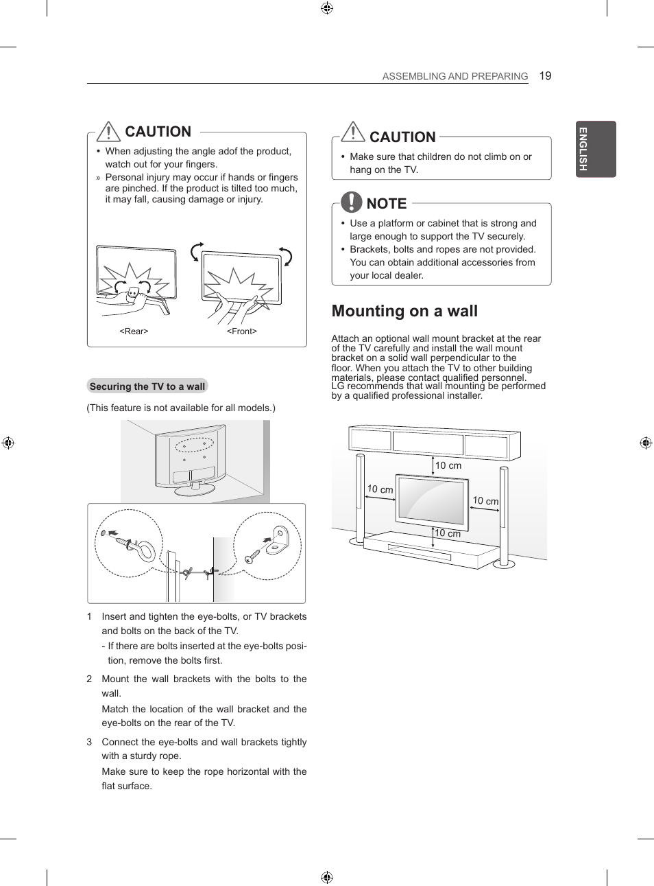 Mounting on a wall, Caution | LG 60LA860V User Manual | Page 82 / 519