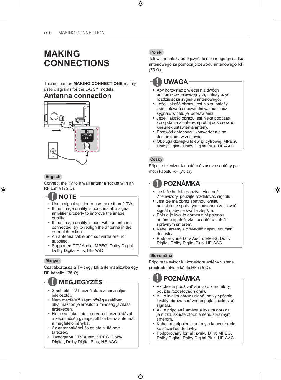 Making connections, Antenna connection, Megjegyzés | Uwaga, Poznámka | LG 60LA860V User Manual | Page 9 / 519