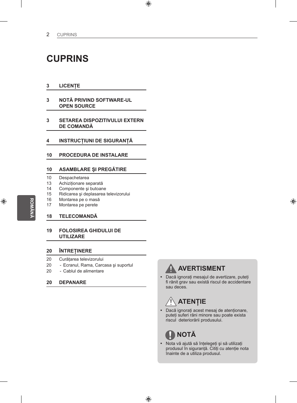 Cuprins, Avertisment, Atenţie | Notă | LG 50PN450B User Manual | Page 147 / 371