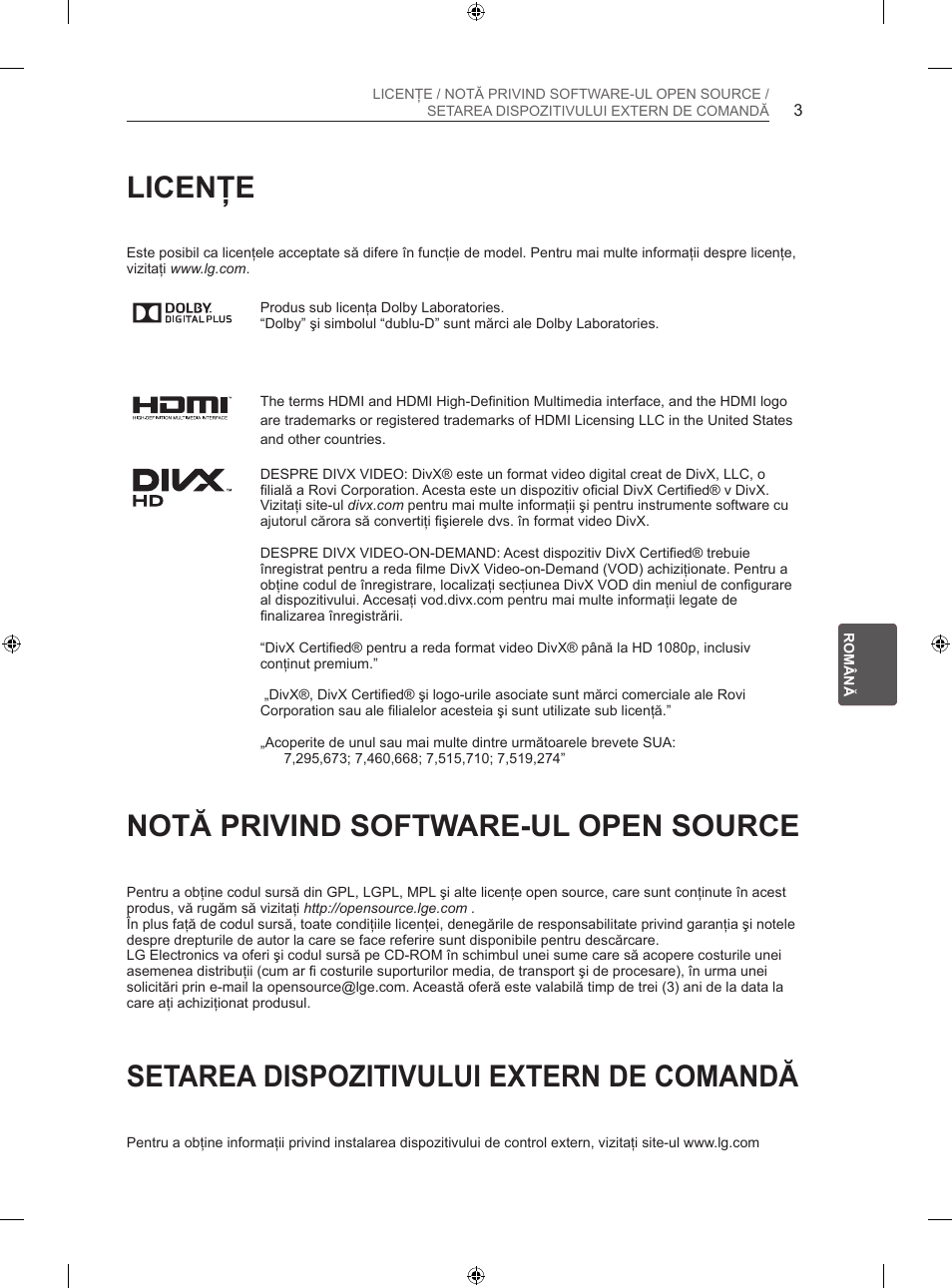 Licenţe, Notă privind software-ul open source, Setarea dispozitivului extern de comandă | LG 50PN450B User Manual | Page 148 / 371