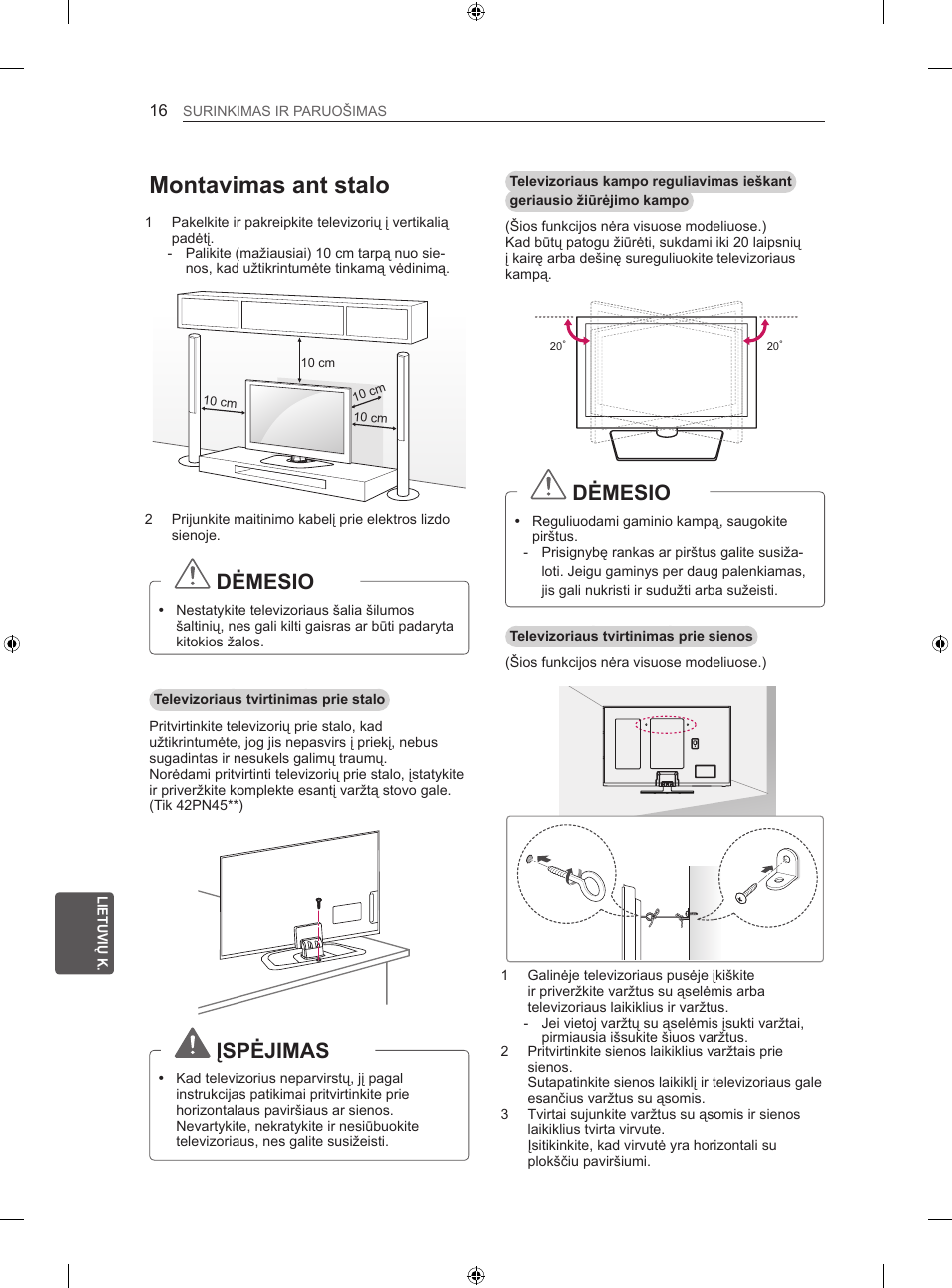 Montavimas ant stalo, Dėmesio, Įspėjimas | LG 50PN450B User Manual | Page 221 / 371