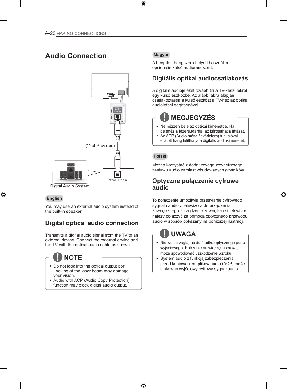 Audio connection, Megjegyzés, Uwaga | Digital optical audio connection, Digitális optikai audiocsatlakozás, Optyczne połączenie cyfrowe audio | LG 50PN450B User Manual | Page 25 / 371