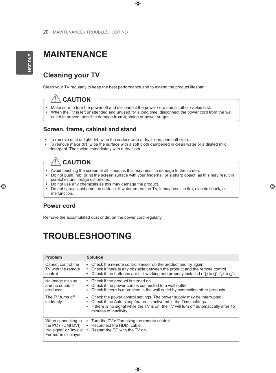 Maintenance, Troubleshooting, Cleaning your tv | Caution, Screen, frame, cabinet and stand, Power cord | LG 50PN450B User Manual | Page 65 / 371