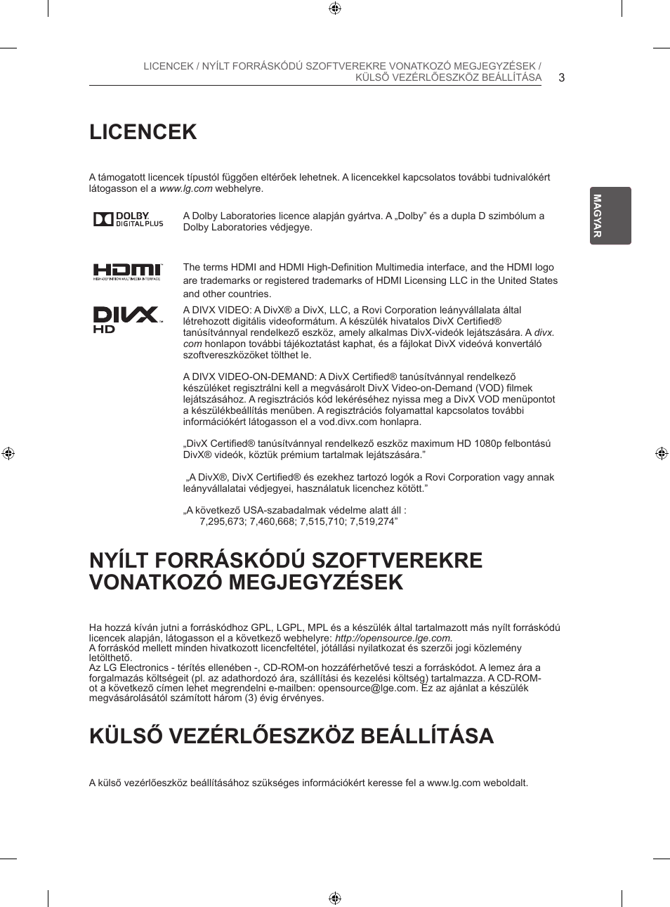 Licencek, Külső vezérlőeszköz beállítása | LG 50PN450B User Manual | Page 68 / 371