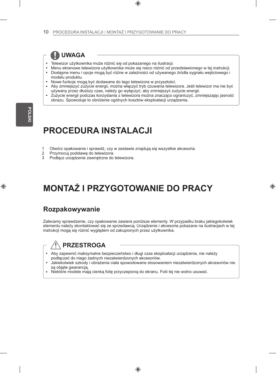 Procedura instalacji, Montaż i przygotowanie do pracy, Rozpakowywanie | Uwaga, Przestroga | LG 50PN450B User Manual | Page 95 / 371