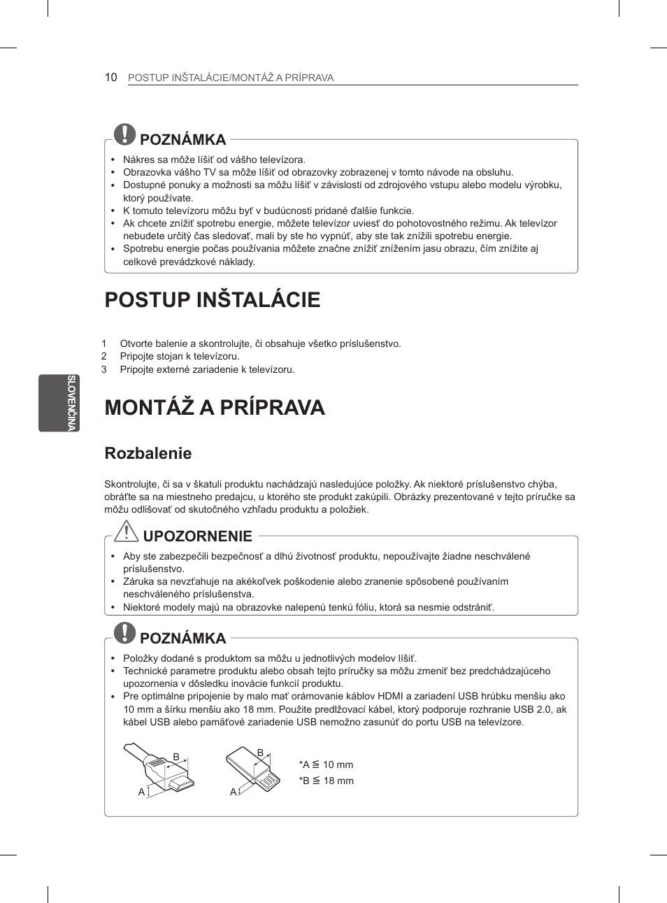 Postup inštalácie, Montáž a príprava, Rozbalenie | Poznámka, Upozornenie | LG 32LS3590 User Manual | Page 109 / 399